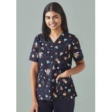 Womens Printed Space Party Scrub Top - CST148LS Medical Scrubs from Challenge Marketing NZ