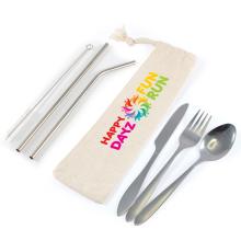 Banquet Stainless Steel Cutlery & Straw Set in Calico Pouch Picnic & BBQ from Challenge Marketing NZ