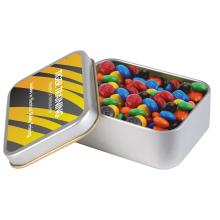 M&M s in Silver Rectangular Tin M&M s from Challenge Marketing NZ